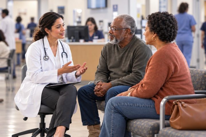 Doctor with a tablet talking with an older couple in a busy hospital waiting area