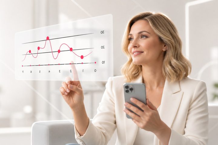 Woman holding a smartphone and pointing at a floating health-data chart